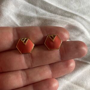 Hexagon Gold tone and Coral Monet stud Earrings